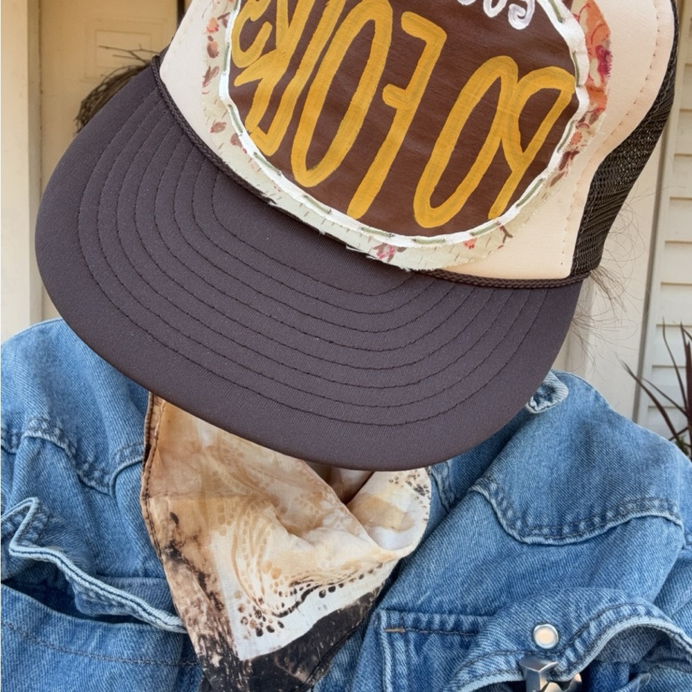 Graphic Trucker Hat with Brown Visor and Yellow Script